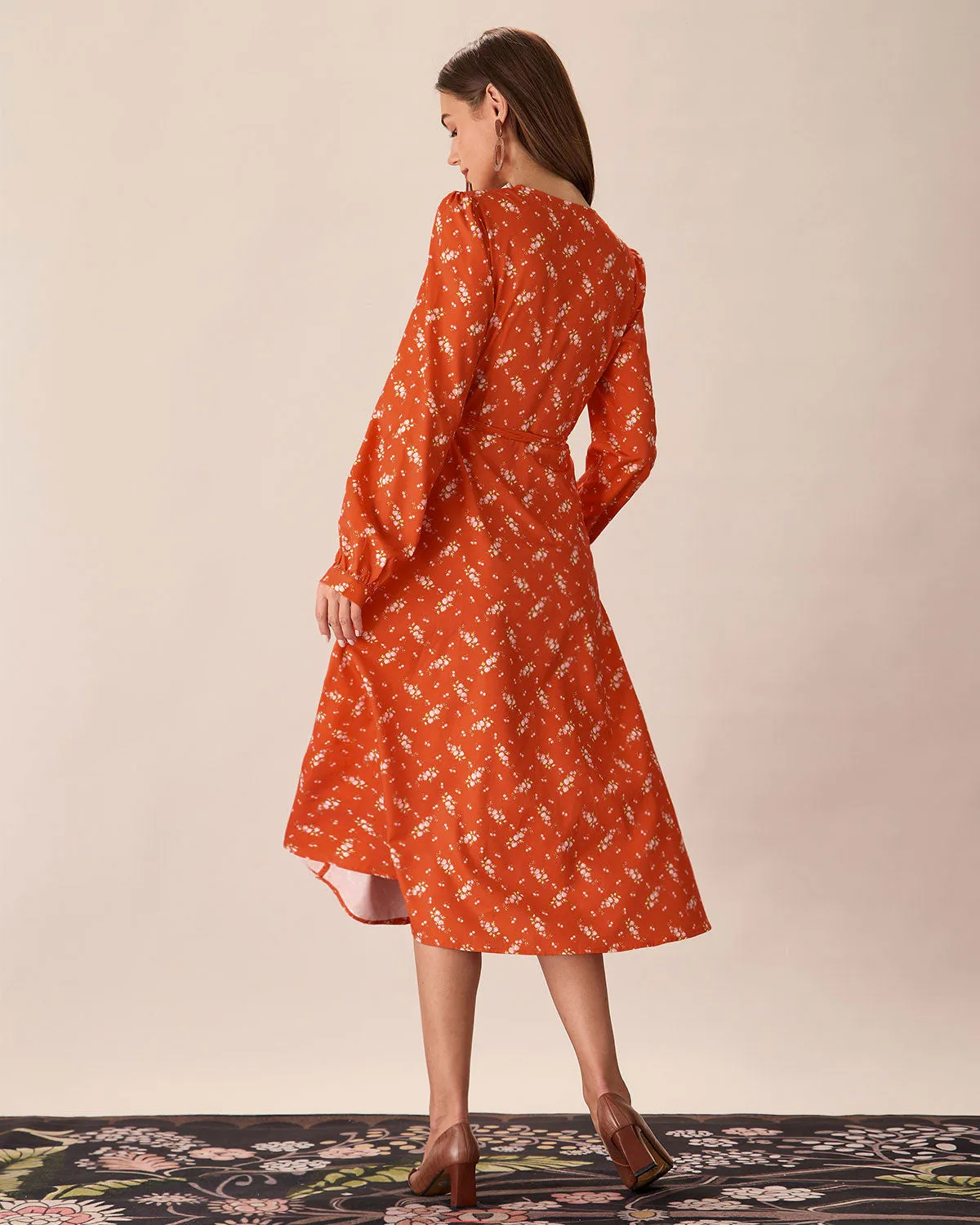 Orange Floral Wrap Midi Dress sold by rihoas product image thumbnail 5