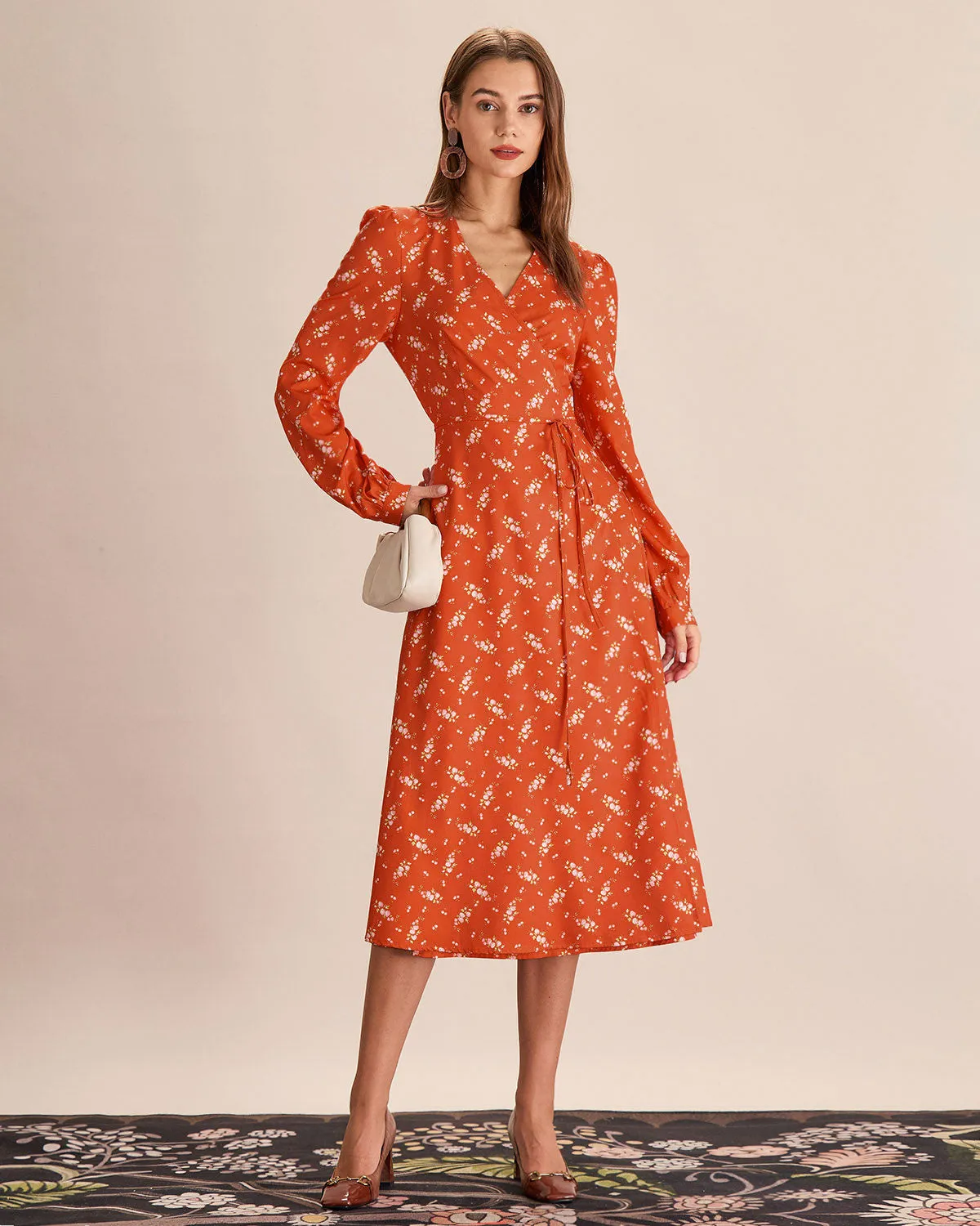 Orange Floral Wrap Midi Dress sold by rihoas