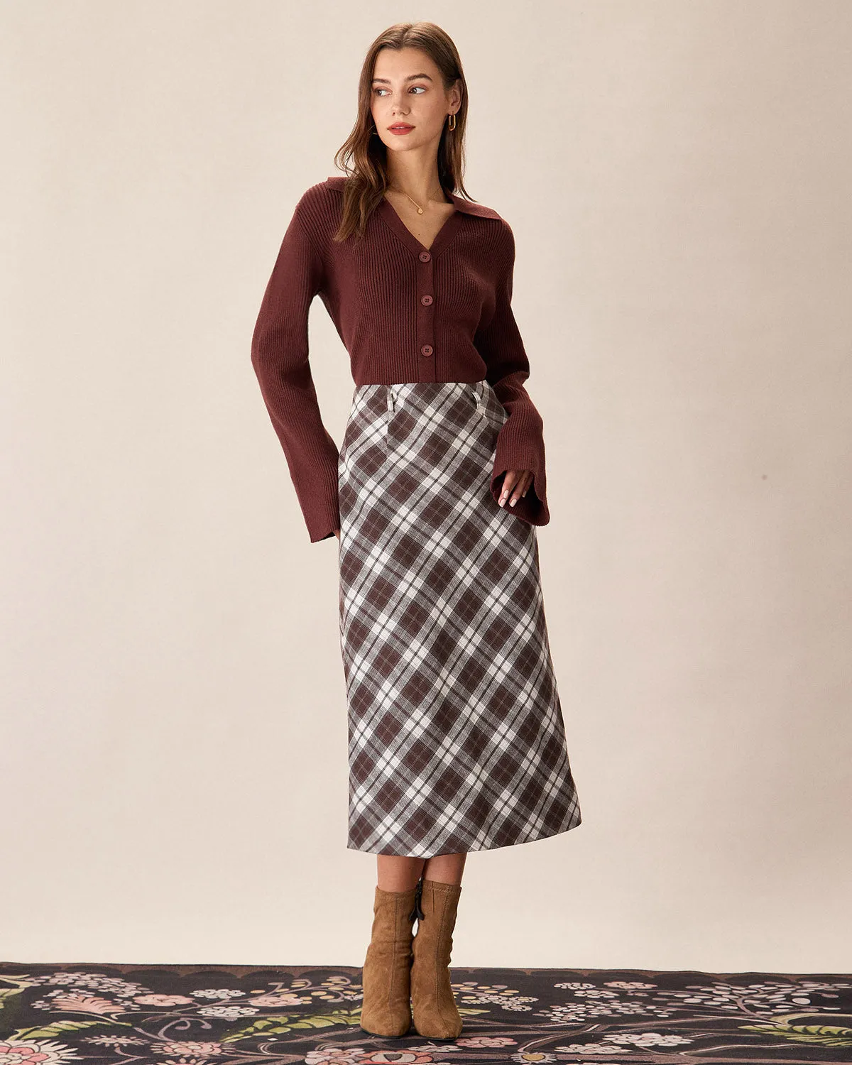 Brown Plaid Slit Satin Midi Skirt sold by rihoas product image thumbnail 3