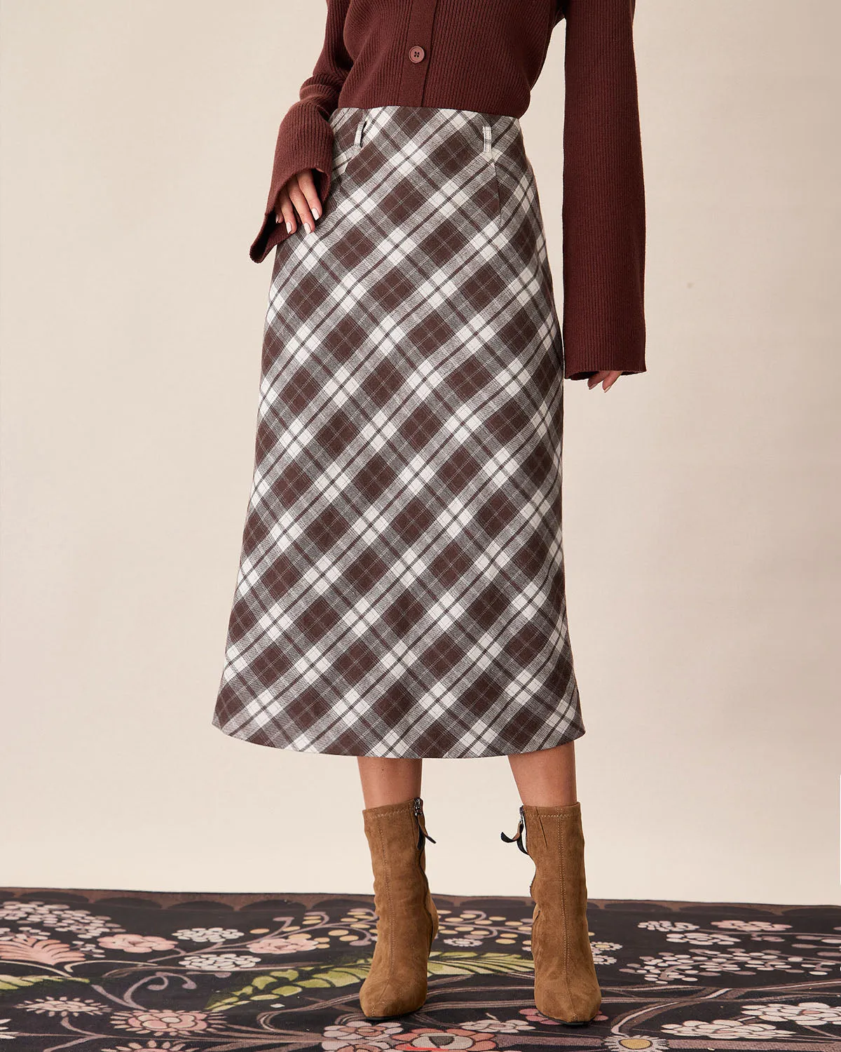 Brown Plaid Slit Satin Midi Skirt sold by rihoas