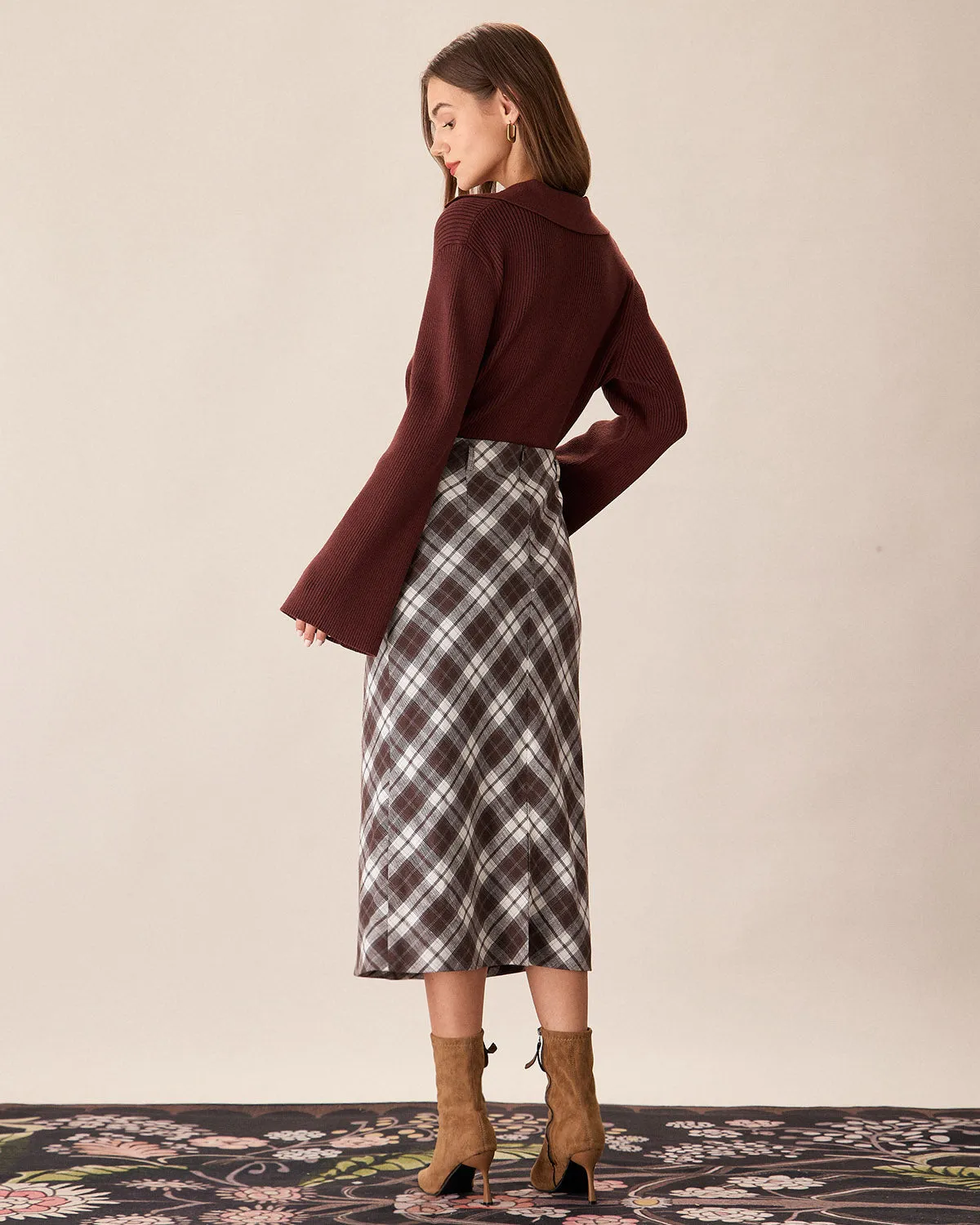 Brown Plaid Slit Satin Midi Skirt sold by rihoas product image thumbnail 4