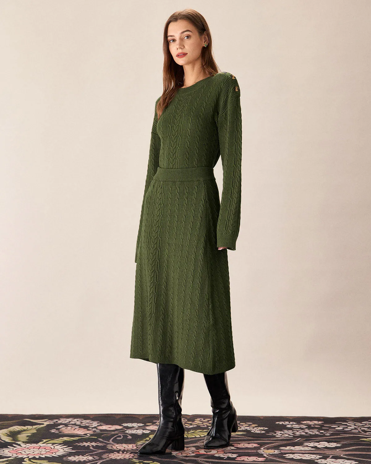 Green Elastic Waist Knit Midi Skirt sold by rihoas product image thumbnail 3