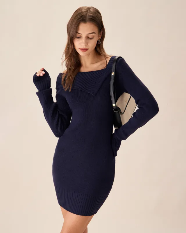 Navy Off The Shoulder Bodycon Sweater Dress sold by rihoas