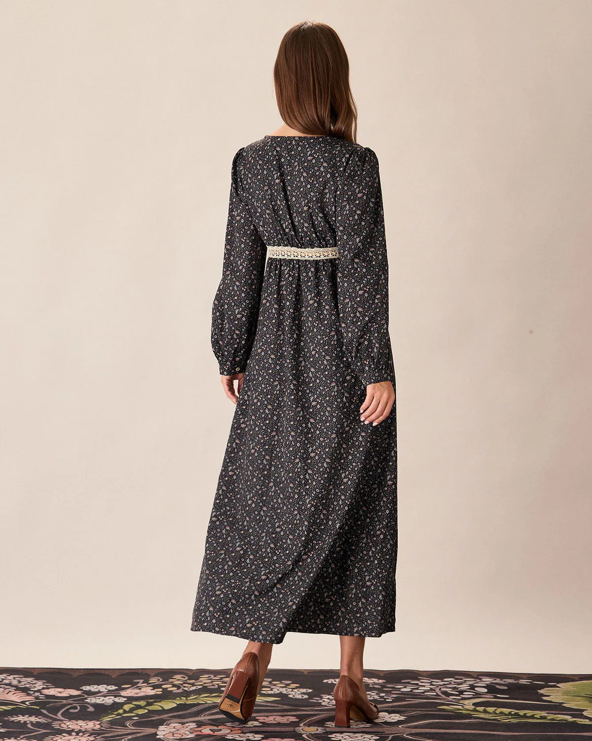 Black Floral V-Neck Lantern Sleeve Maxi Dress sold by rihoas product image thumbnail 4