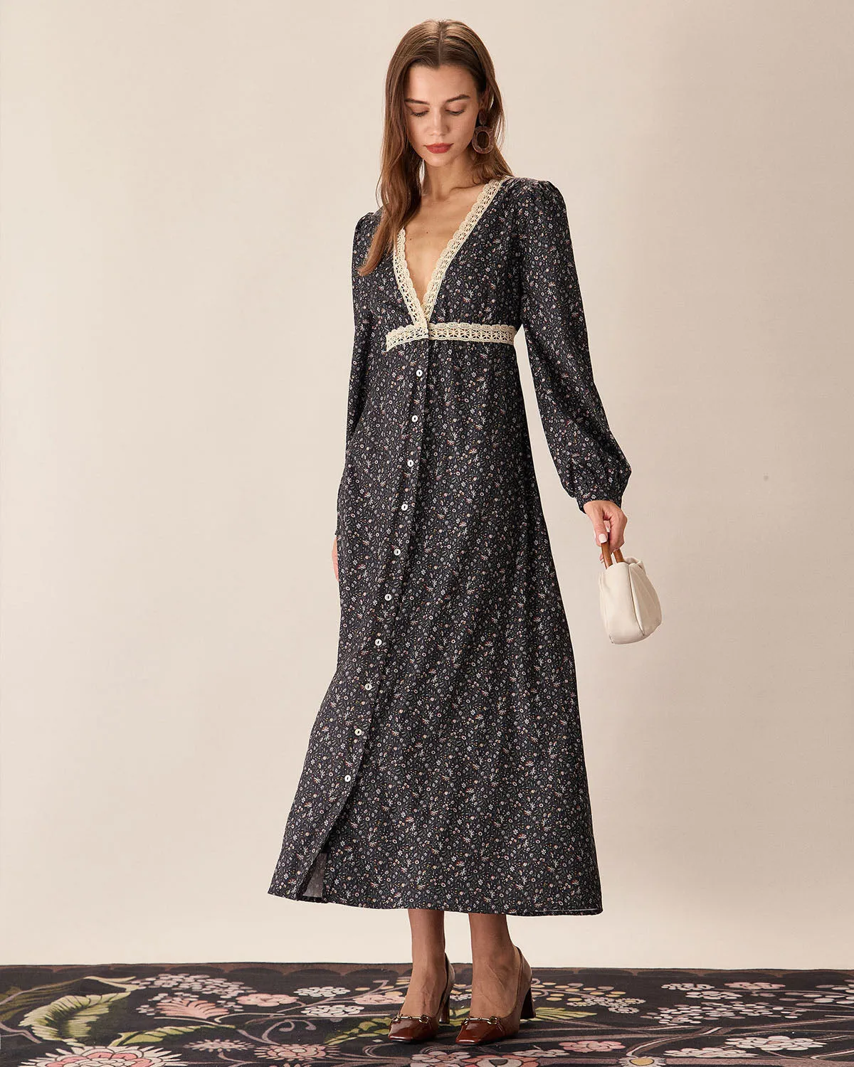 Black Floral V-Neck Lantern Sleeve Maxi Dress sold by rihoas product image thumbnail 3