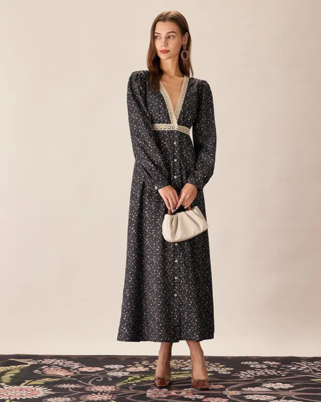 Black Floral V-Neck Lantern Sleeve Maxi Dress sold by rihoas