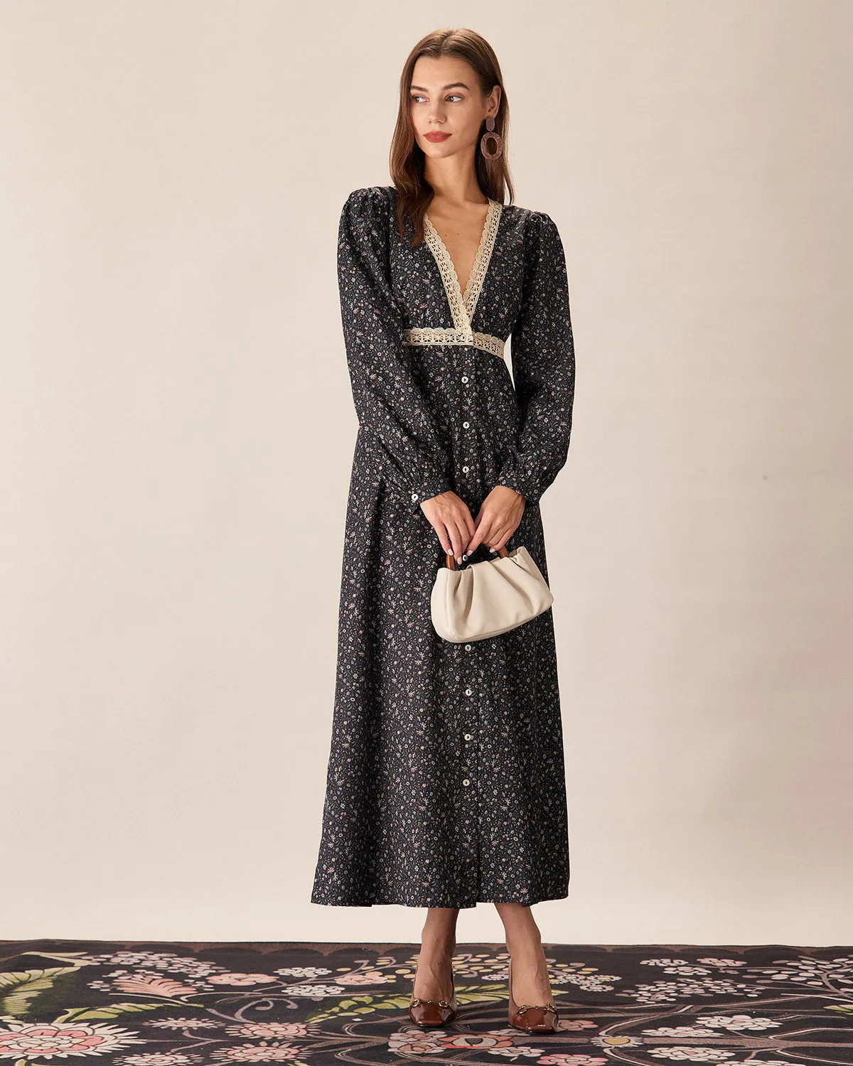 Black Floral V-Neck Lantern Sleeve Maxi Dress sold by rihoas