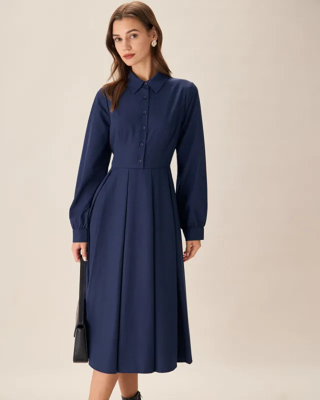 Navy Pleated Button Midi Dress sold by rihoas