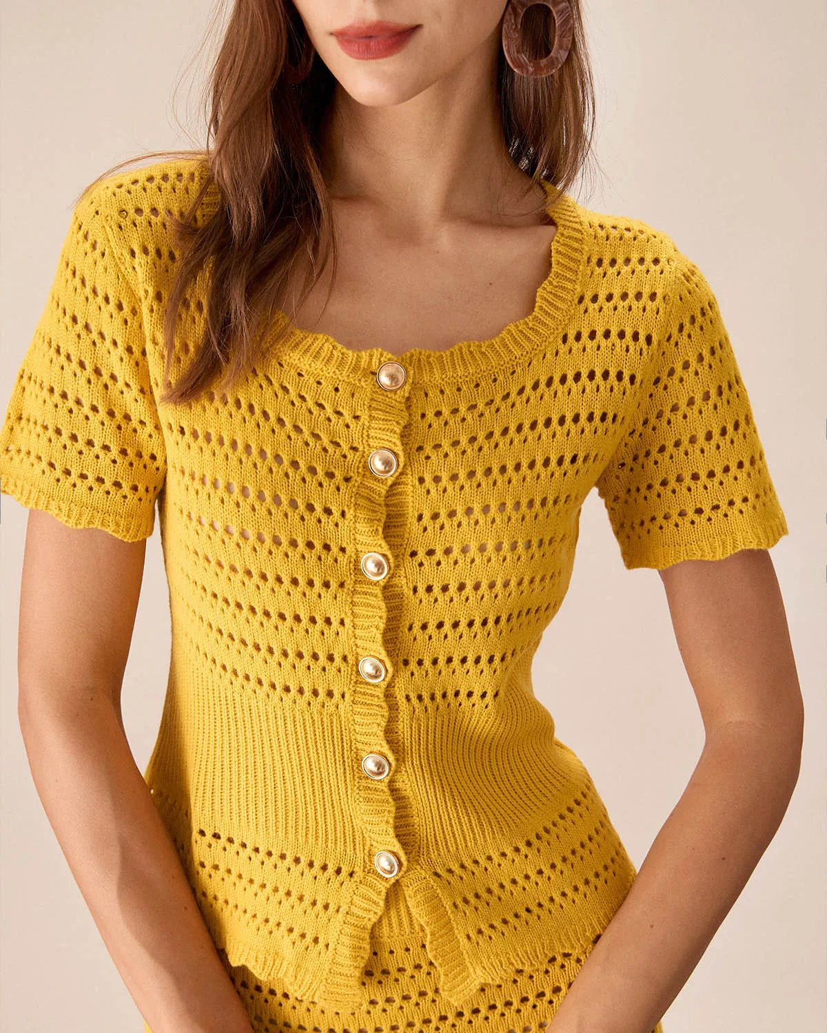 Yellow Crochet Single-Breasted Cardigan sold by rihoas product image thumbnail 3
