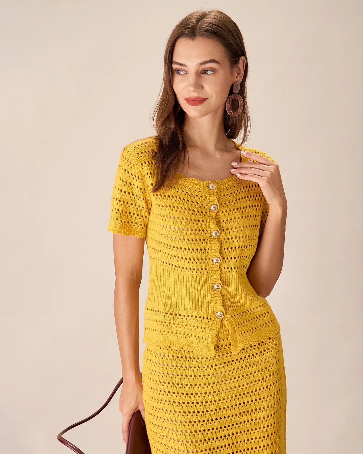 Yellow Crochet Single-Breasted Cardigan sold by rihoas product image thumbnail 4