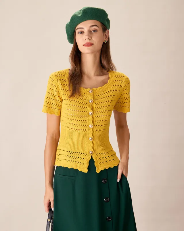 Yellow Crochet Single-Breasted Cardigan sold by rihoas