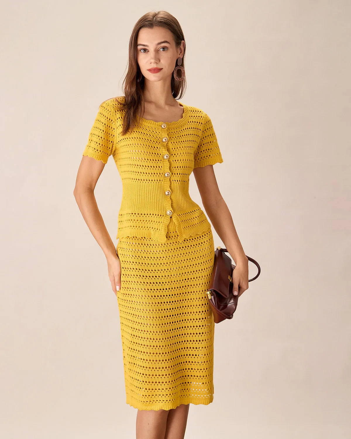 Yellow High-waisted Knee Length Knit Skirt sold by rihoas product image thumbnail 2