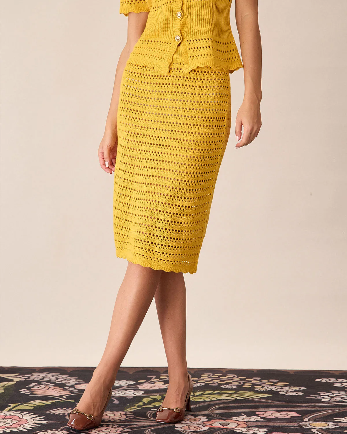 Yellow High-waisted Knee Length Knit Skirt sold by rihoas