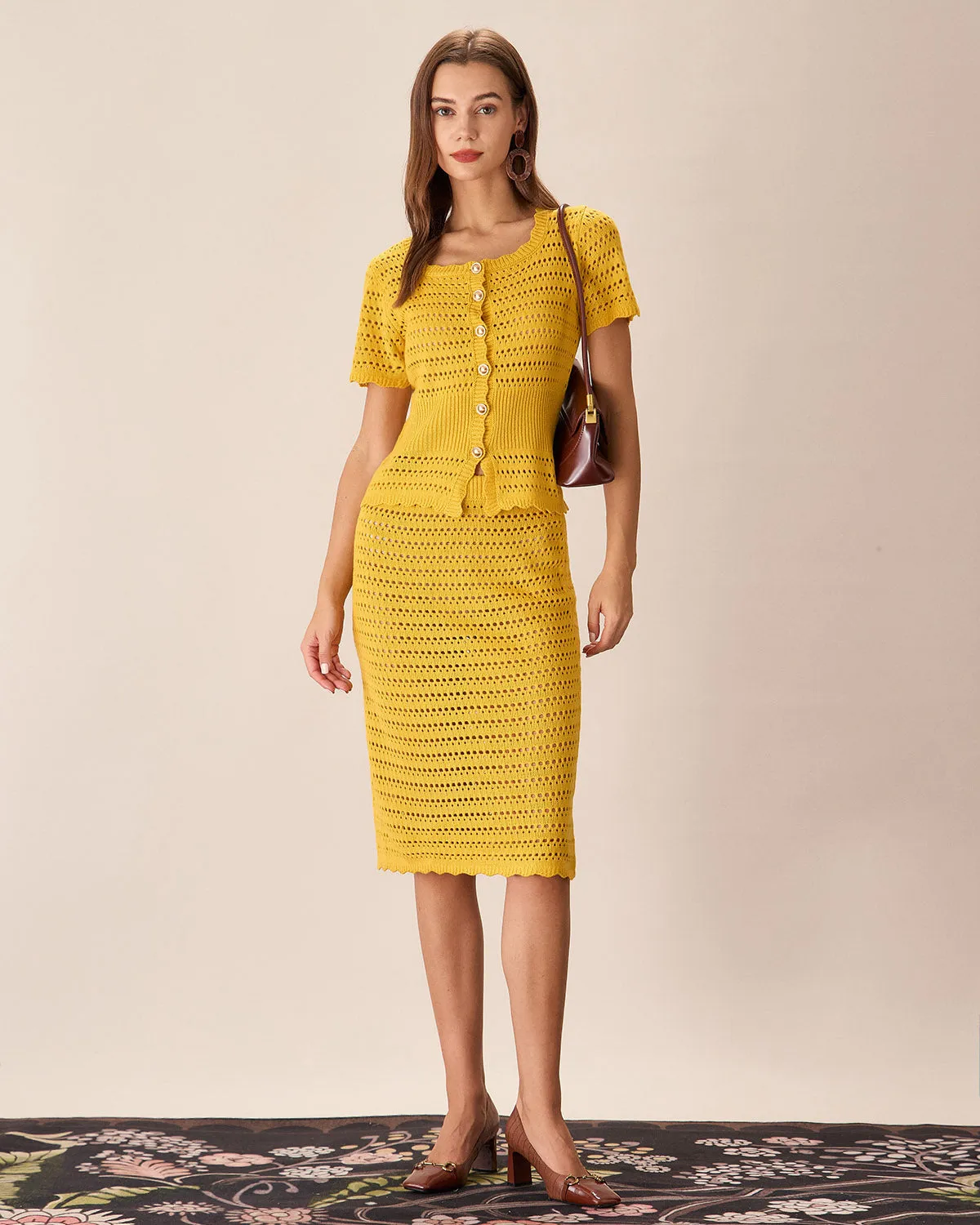 Yellow High-waisted Knee Length Knit Skirt sold by rihoas product image thumbnail 3