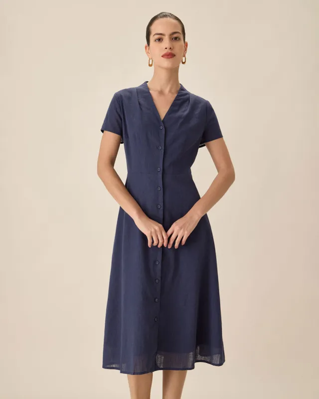Navy Collared Button Midi Dress sold by rihoas