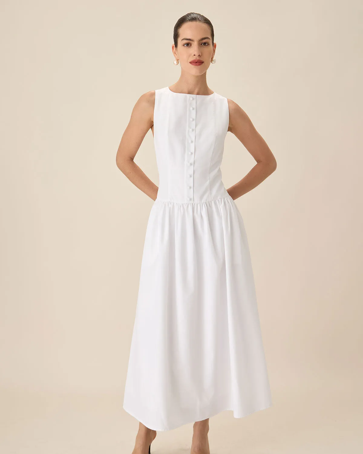 White Round Neck Pocket Maxi Dress sold by rihoas