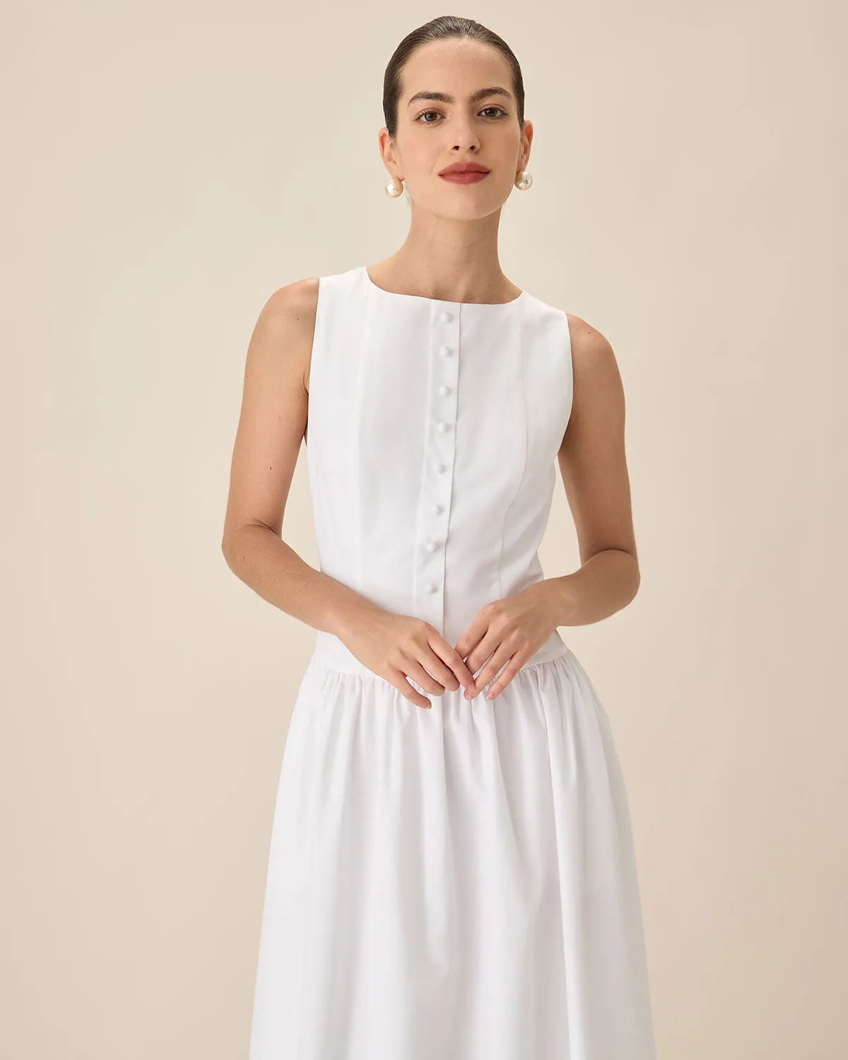 White Round Neck Pocket Maxi Dress sold by rihoas product image thumbnail 2