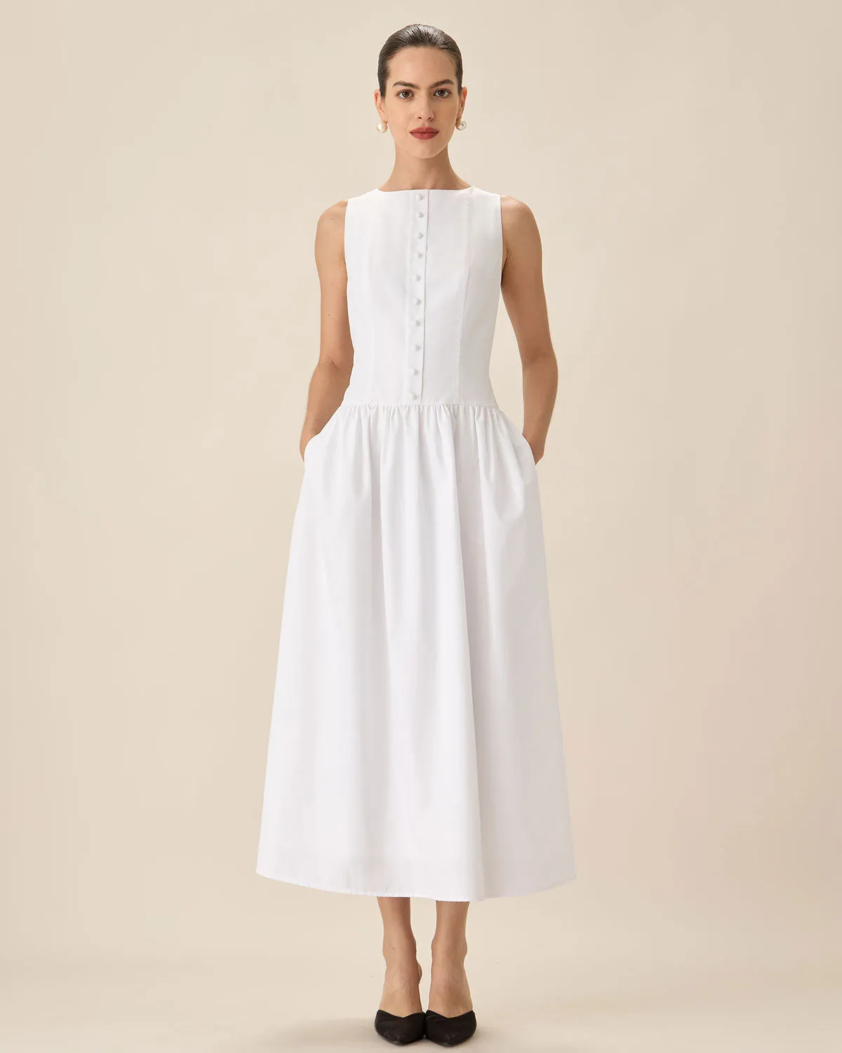 White Round Neck Pocket Maxi Dress sold by rihoas product image thumbnail 4