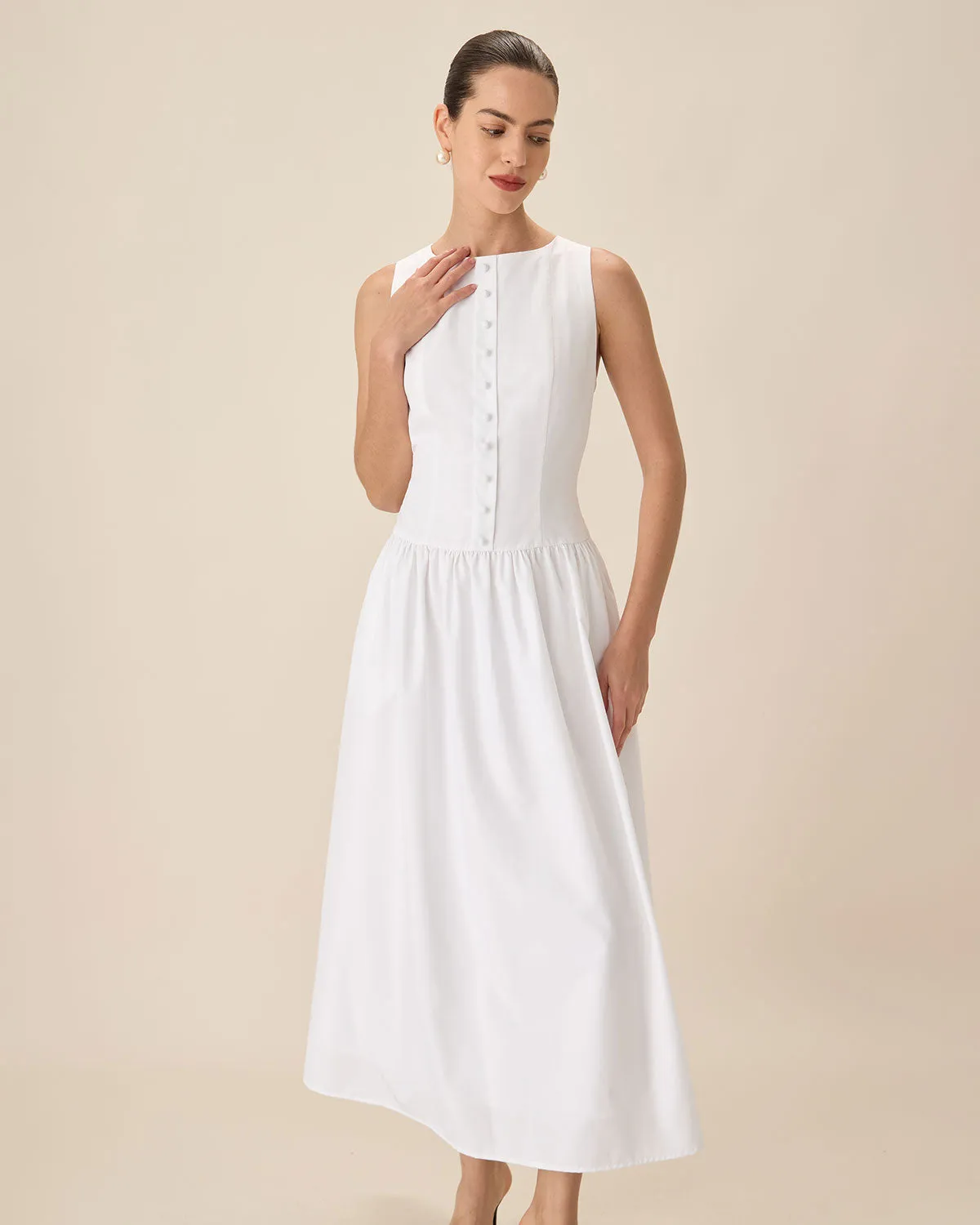 White Round Neck Pocket Maxi Dress sold by rihoas product image thumbnail 3