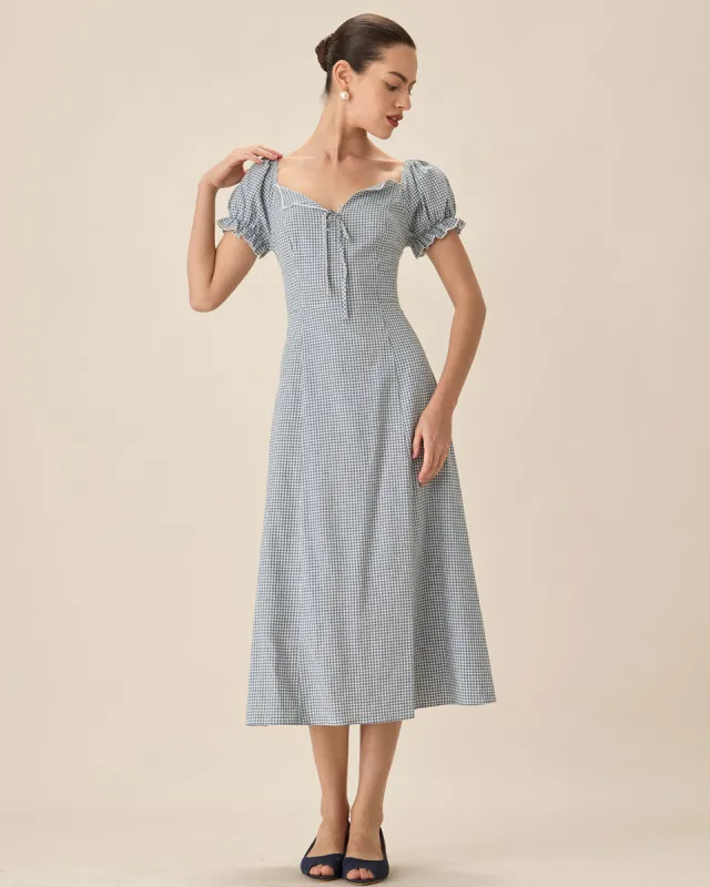 Blue Plaid Sweetheart Neck Midi Dress sold by rihoas