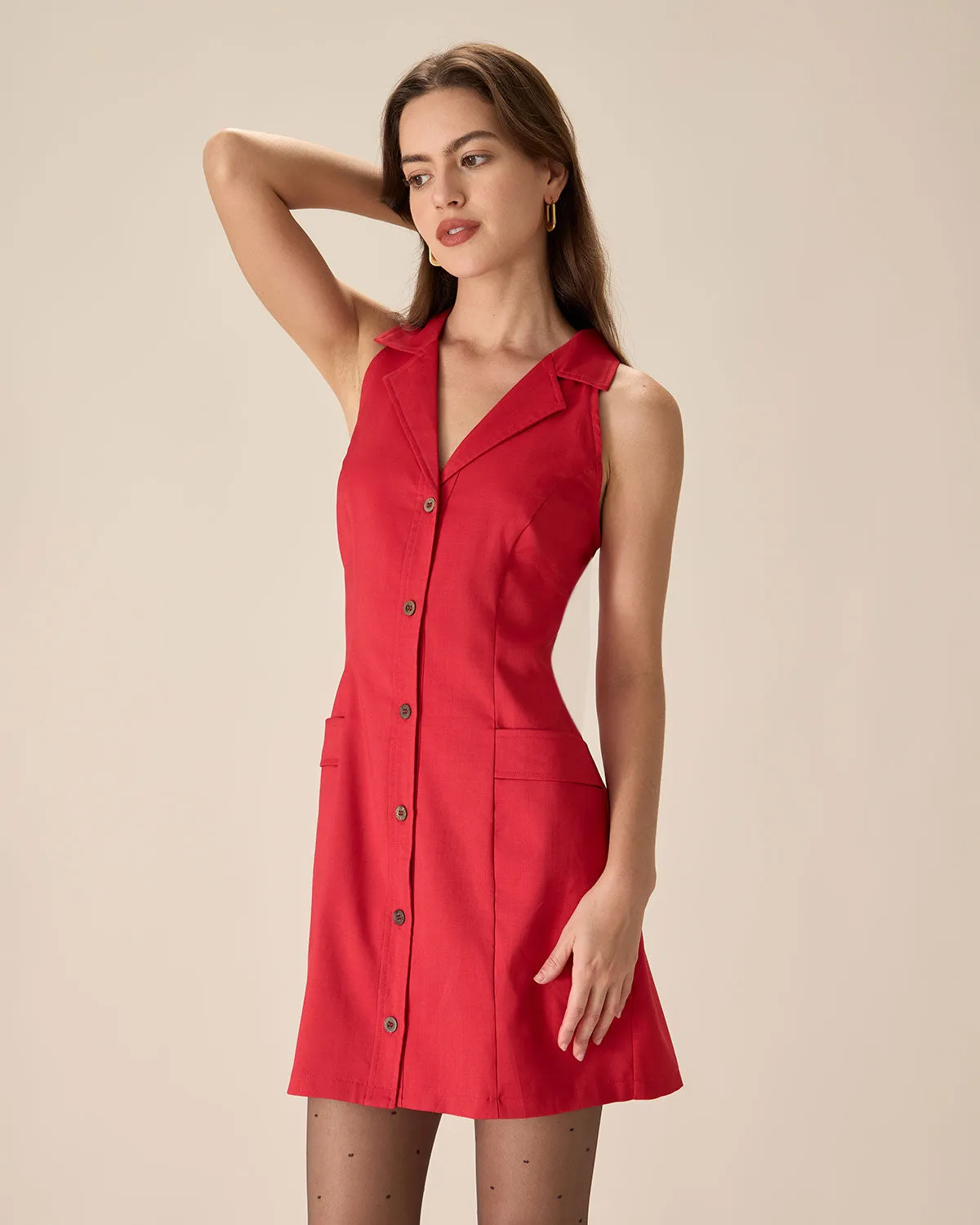 Red Collared Pocket Button Mini Dress sold by rihoas product image thumbnail 3