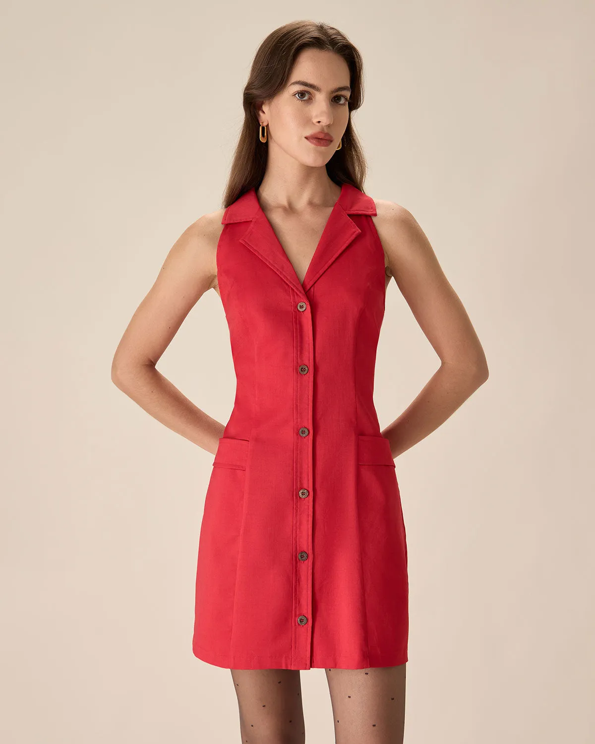 Red Collared Pocket Button Mini Dress sold by rihoas