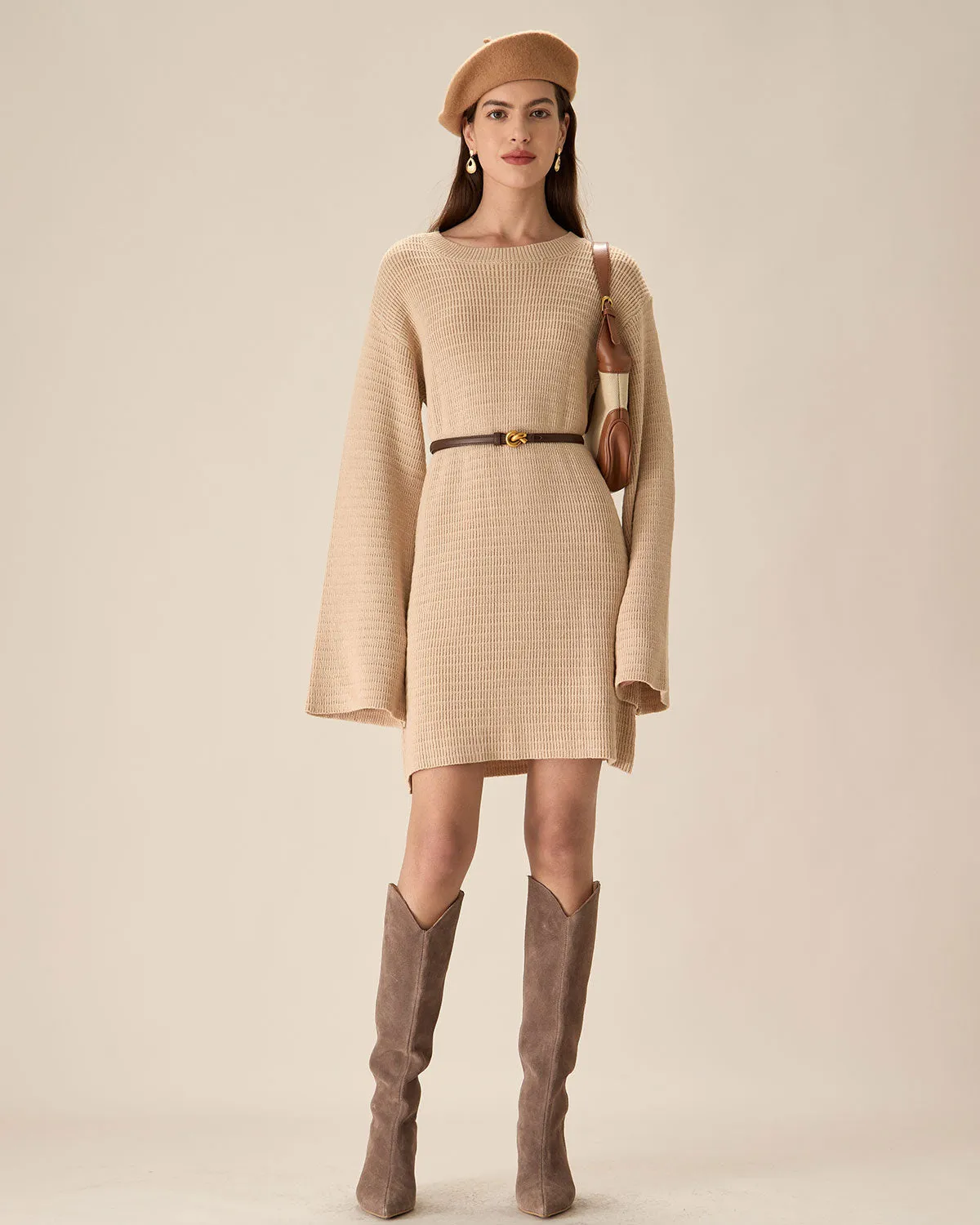 Beige Drop Shoulder Sweater Mini Dress sold by rihoas product image thumbnail 4
