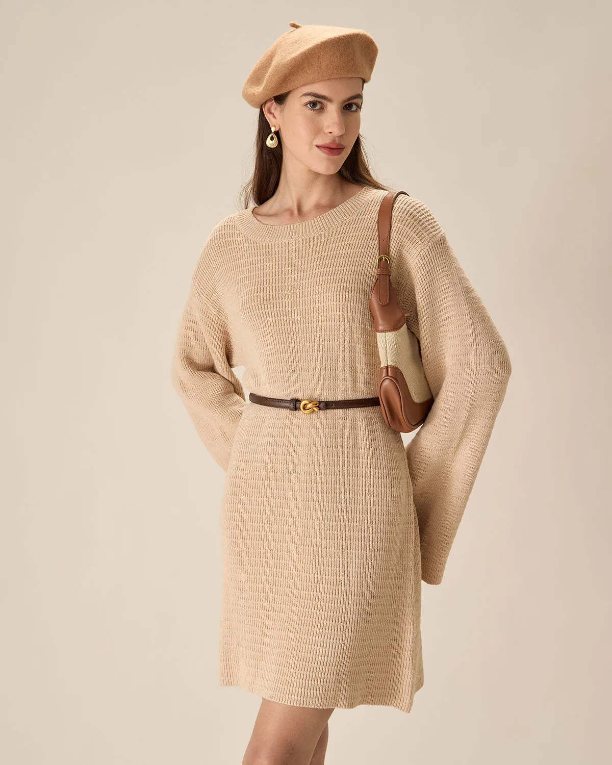 Beige Drop Shoulder Sweater Mini Dress sold by rihoas product image thumbnail 3