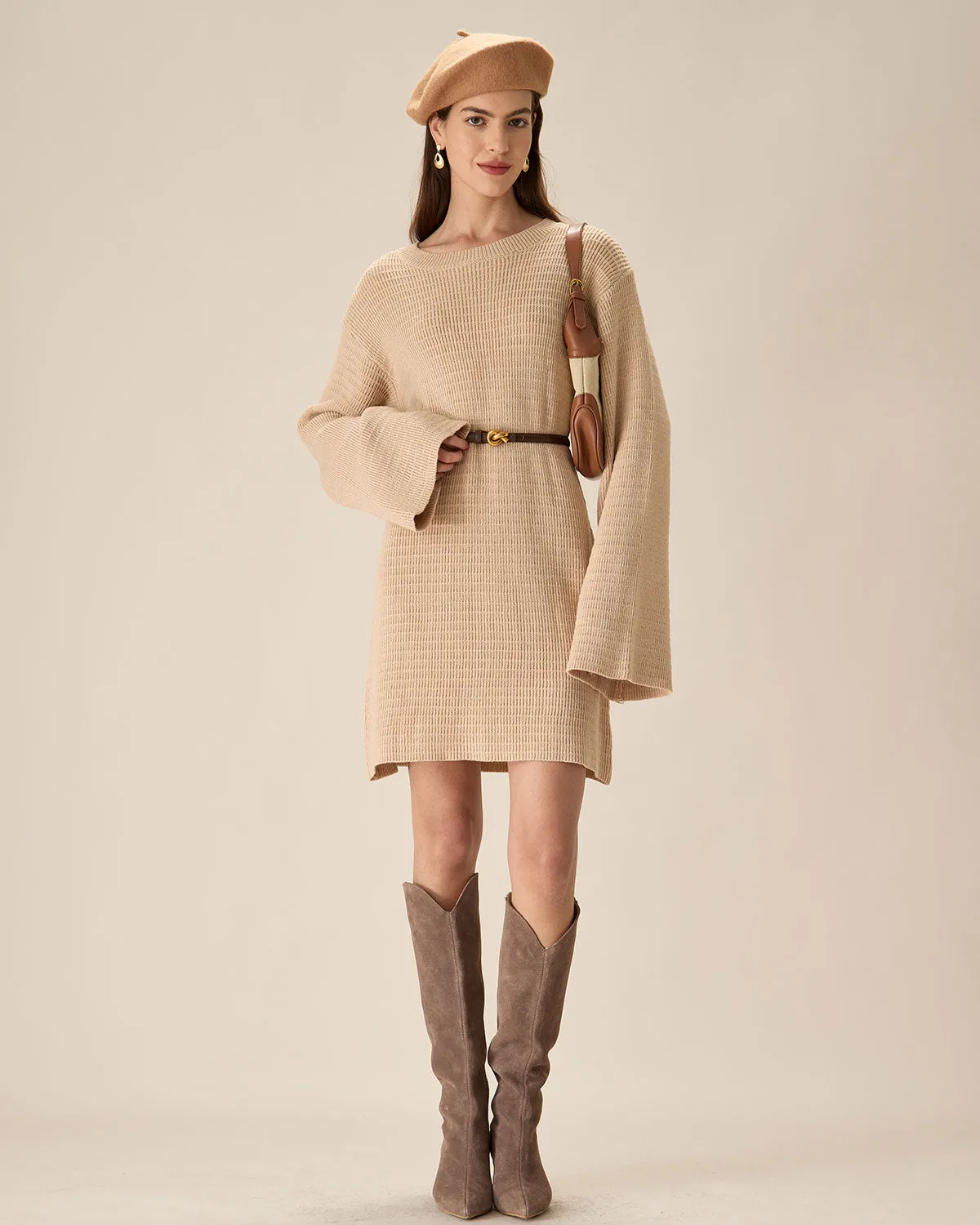 Beige Drop Shoulder Sweater Mini Dress sold by rihoas product image thumbnail 5