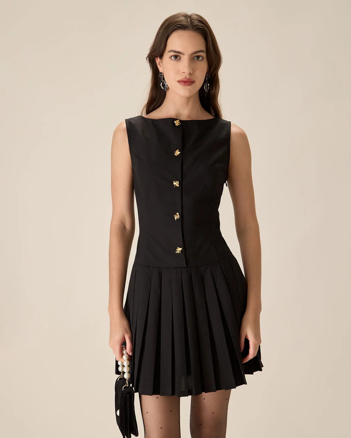 Black Boat Neck Pleated Mini Dress sold by rihoas