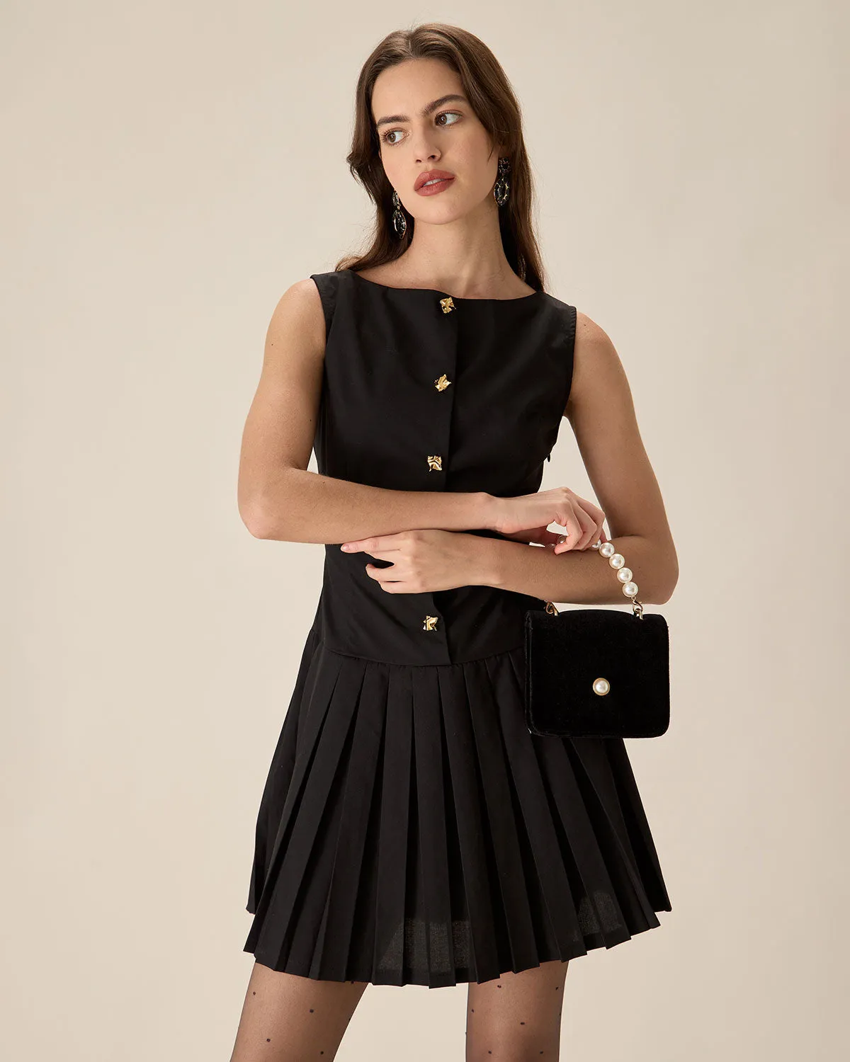 Black Boat Neck Pleated Mini Dress sold by rihoas product image thumbnail 3