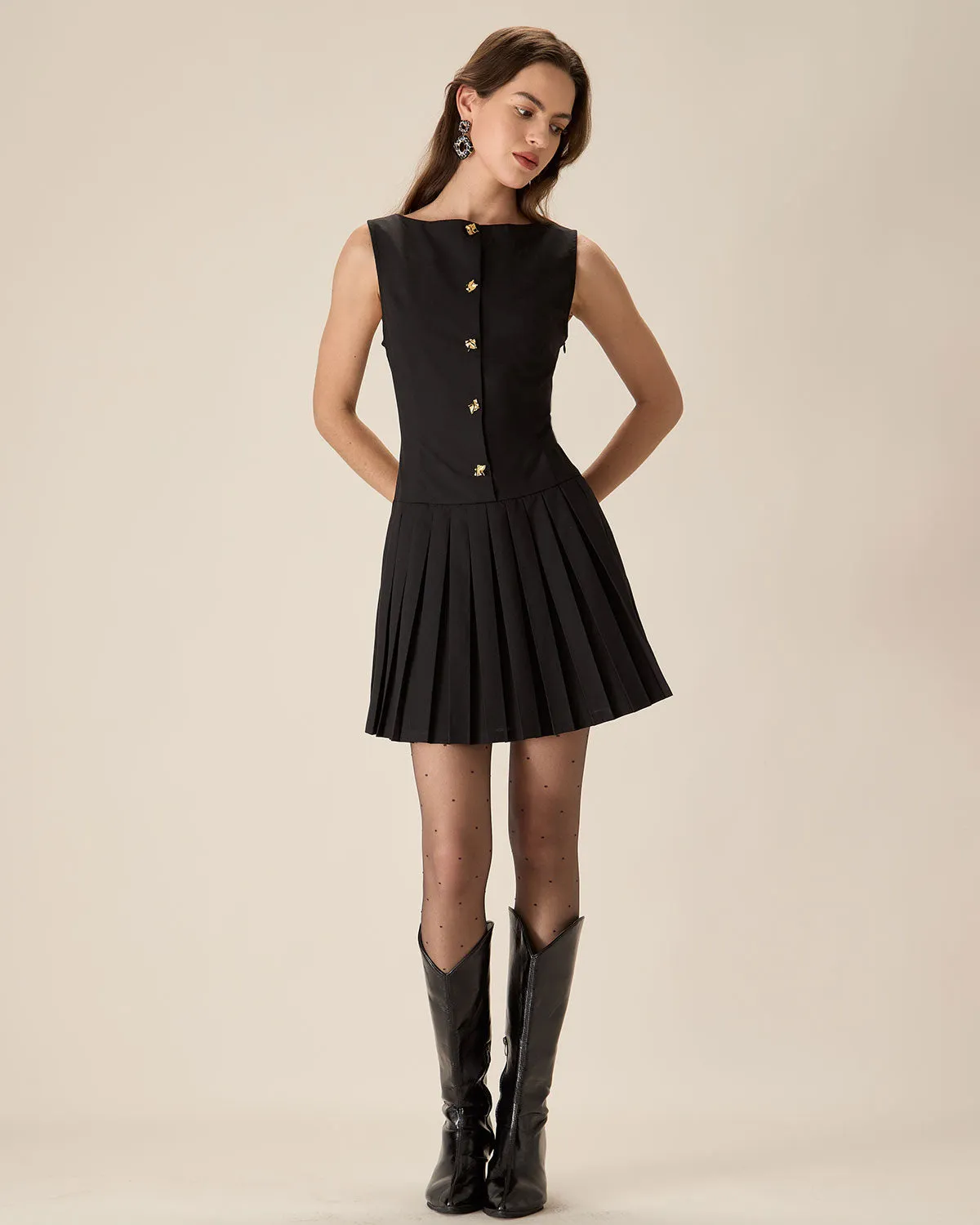 Black Boat Neck Pleated Mini Dress sold by rihoas product image thumbnail 4