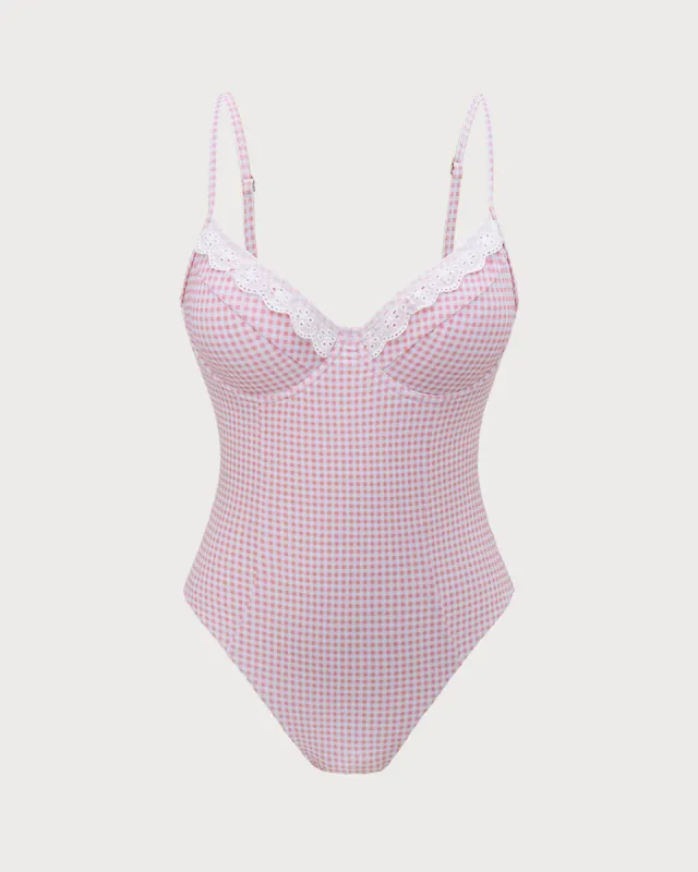 Pink Plaid Lace One-Piece Swimsuit sold by rihoas