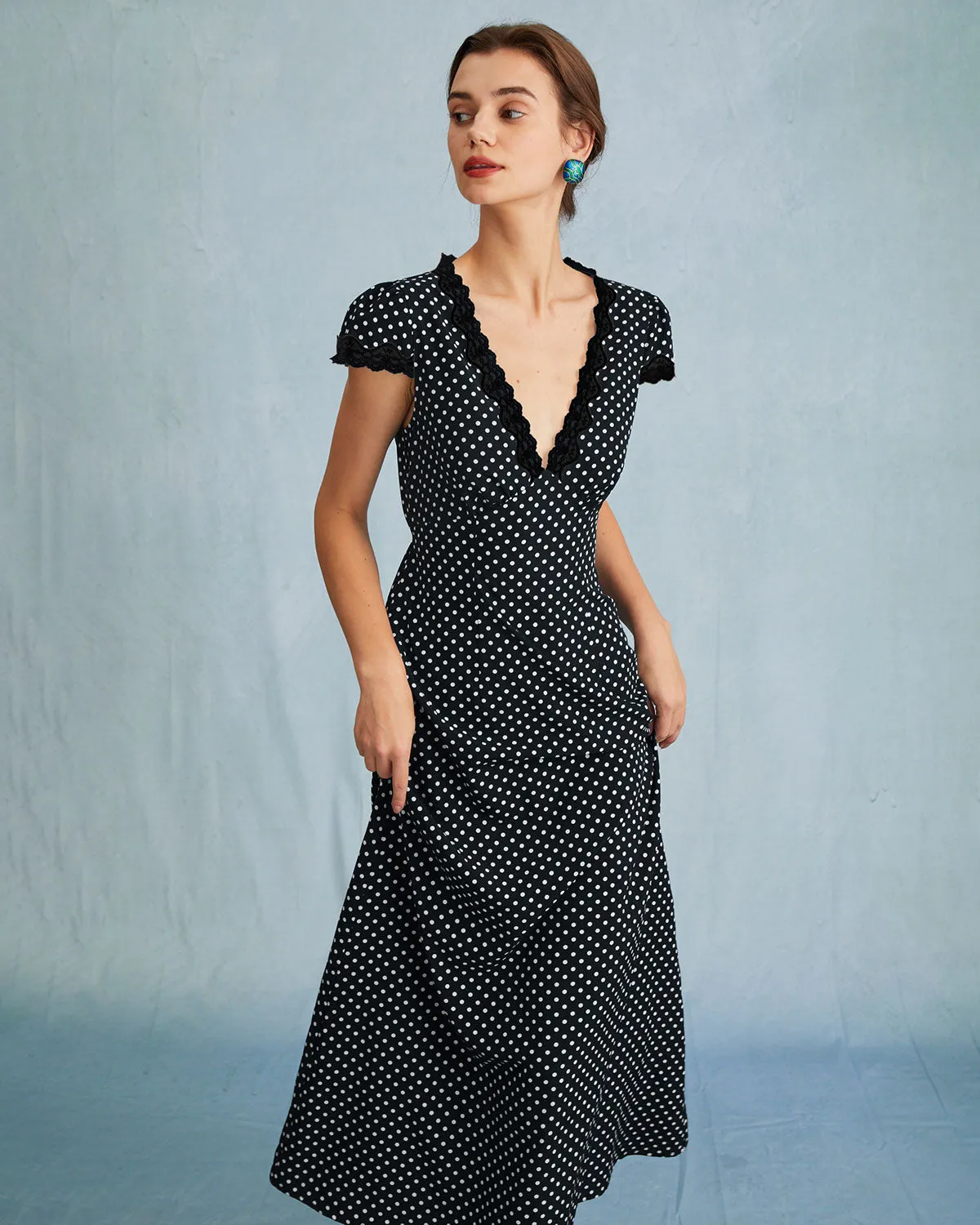 Black Polka Dot V Neck Maxi Dress sold by rihoas product image thumbnail 4