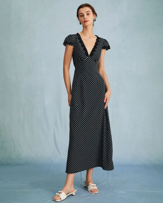Black Polka Dot V Neck Maxi Dress sold by rihoas