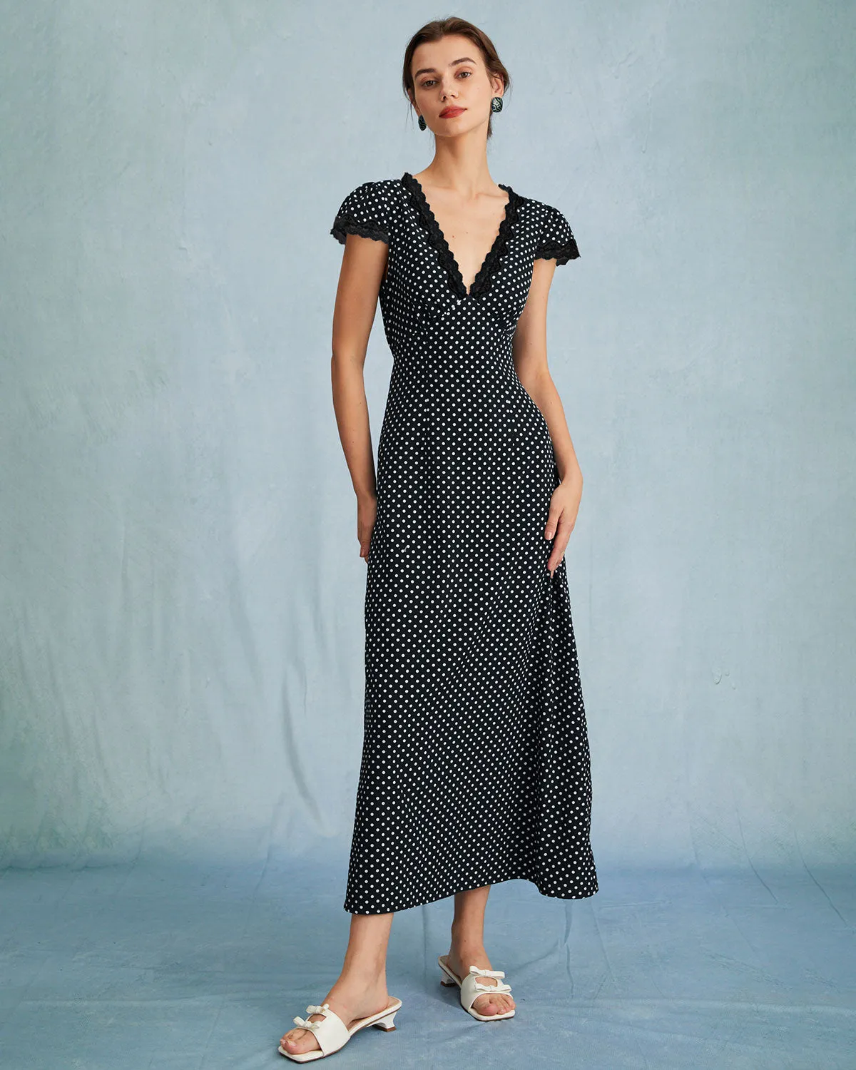 Black Polka Dot V Neck Maxi Dress sold by rihoas