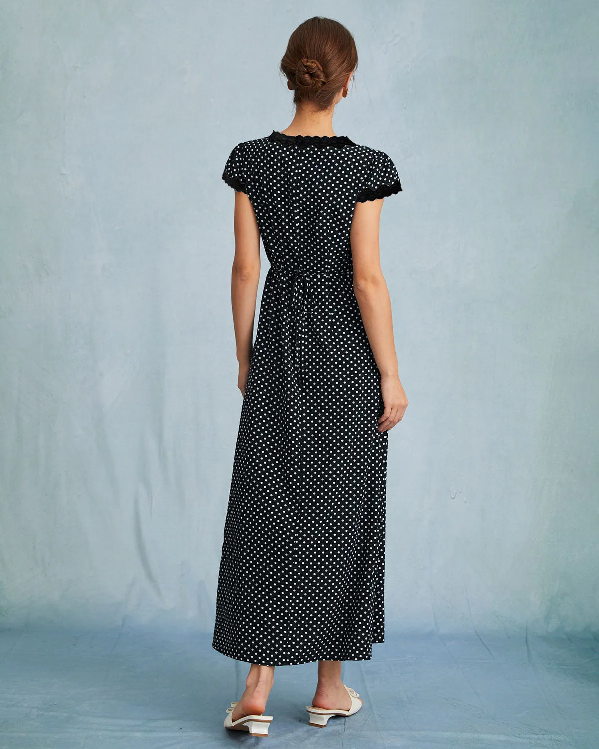 Black Polka Dot V Neck Maxi Dress sold by rihoas product image thumbnail 2