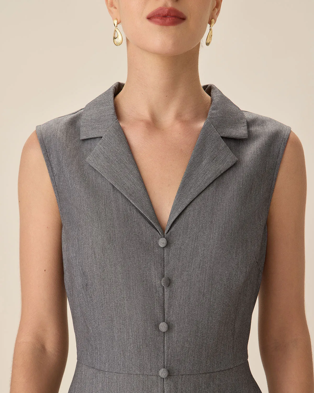 Grey V-Neck Button Midi Dress sold by rihoas product image thumbnail 2