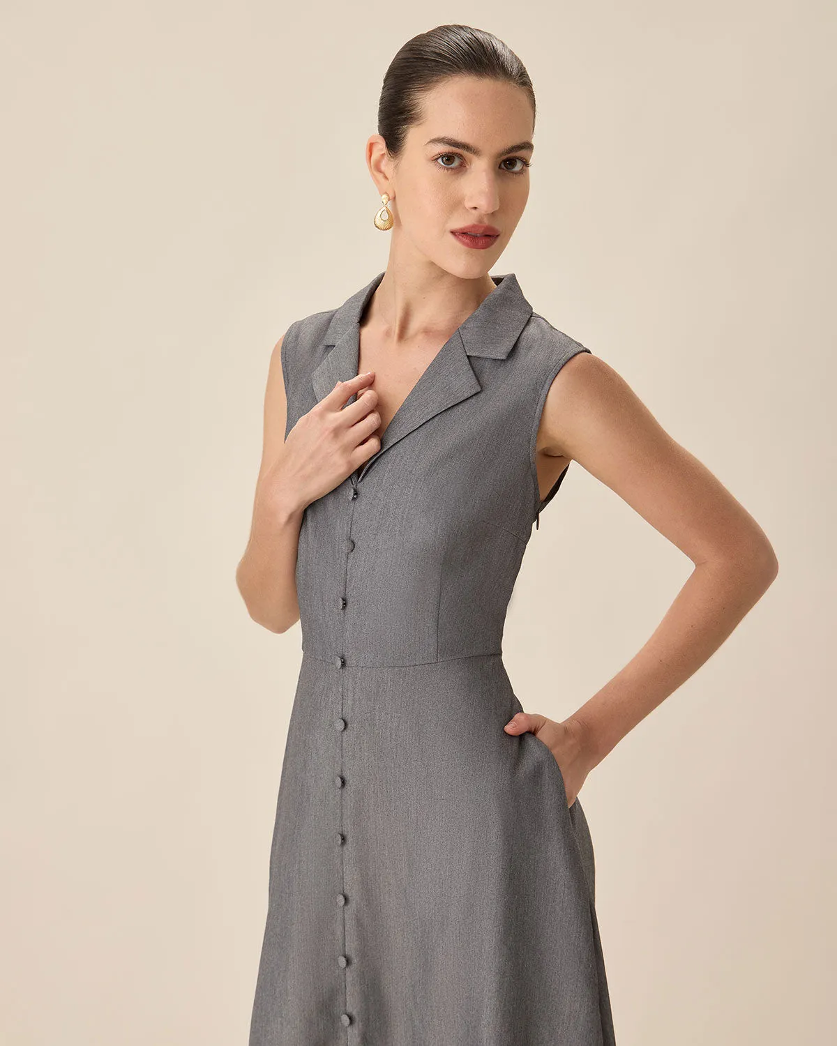 Grey V-Neck Button Midi Dress sold by rihoas product image thumbnail 3