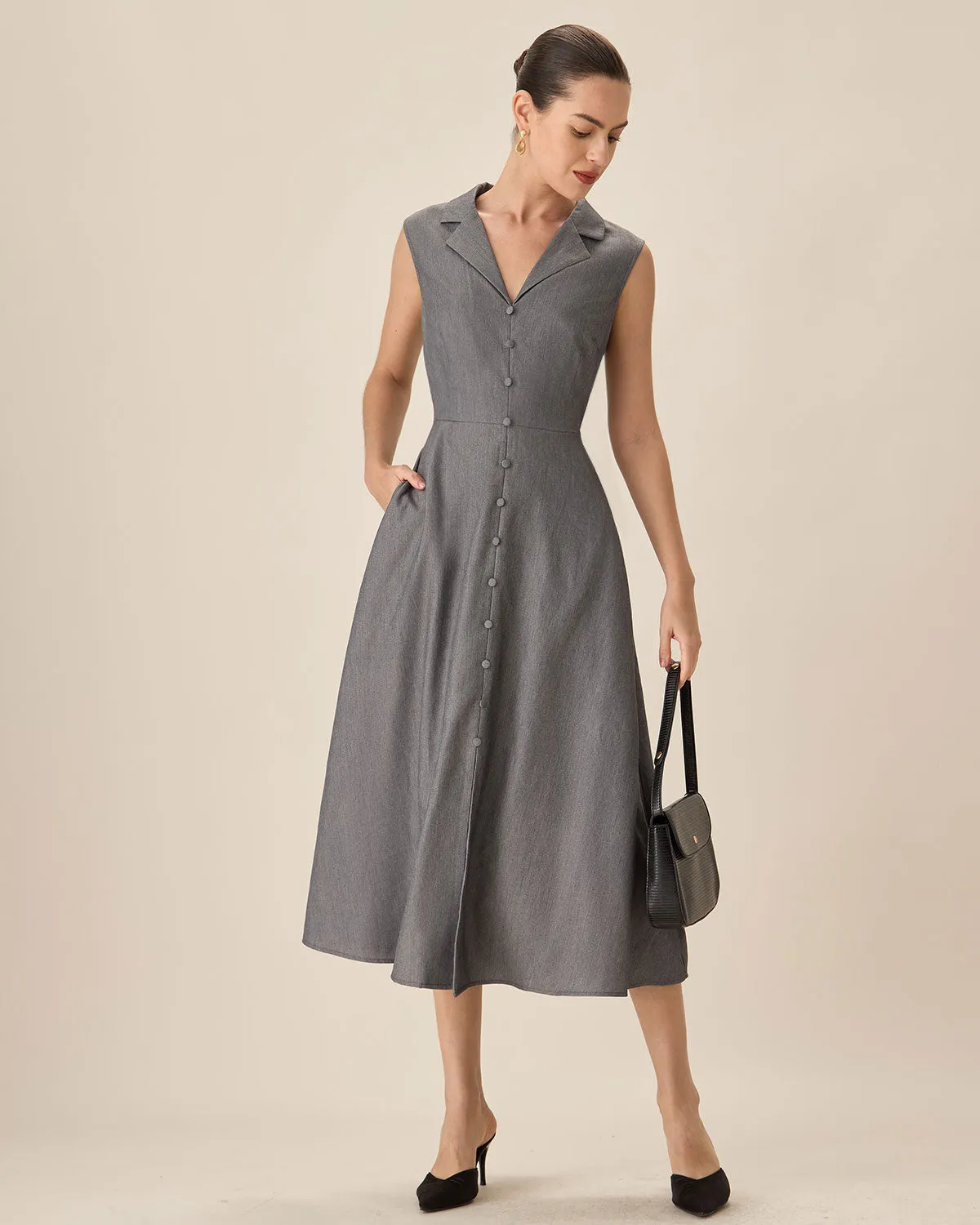 Grey V-Neck Button Midi Dress sold by rihoas product image thumbnail 4