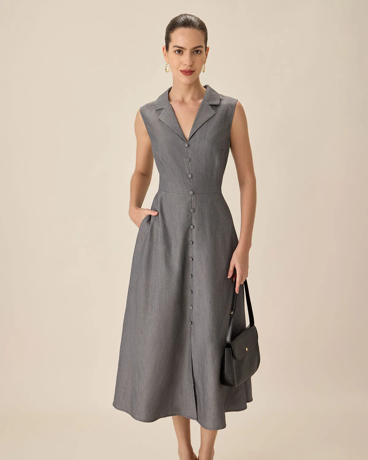 Grey V-Neck Button Midi Dress sold by rihoas