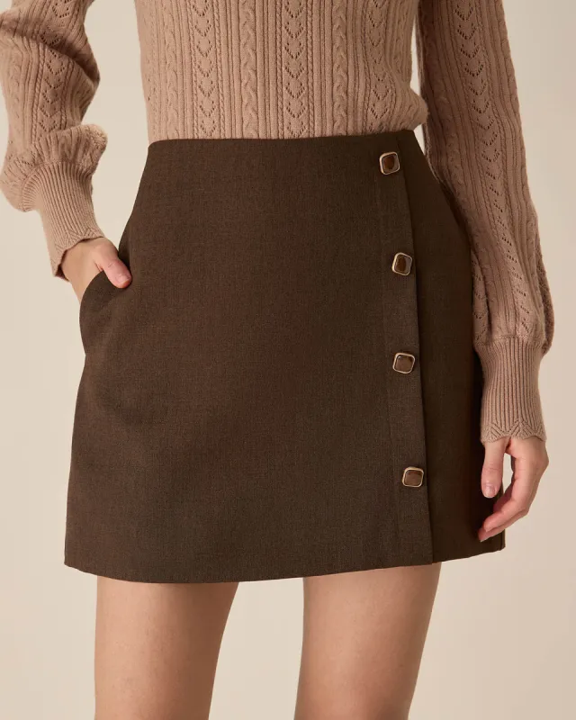 Coffee High-waisted Button Mini Skirt sold by rihoas