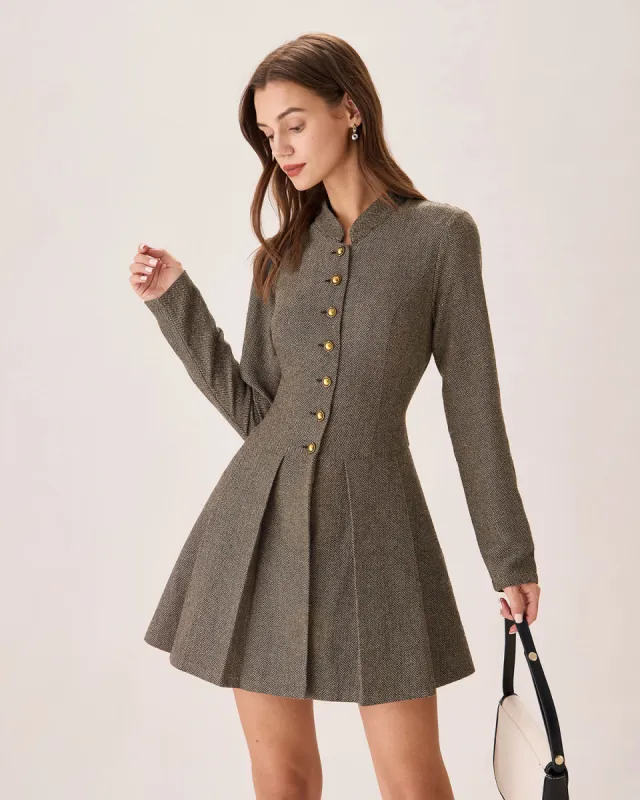 Brown Button Pleated Mini Dress sold by rihoas