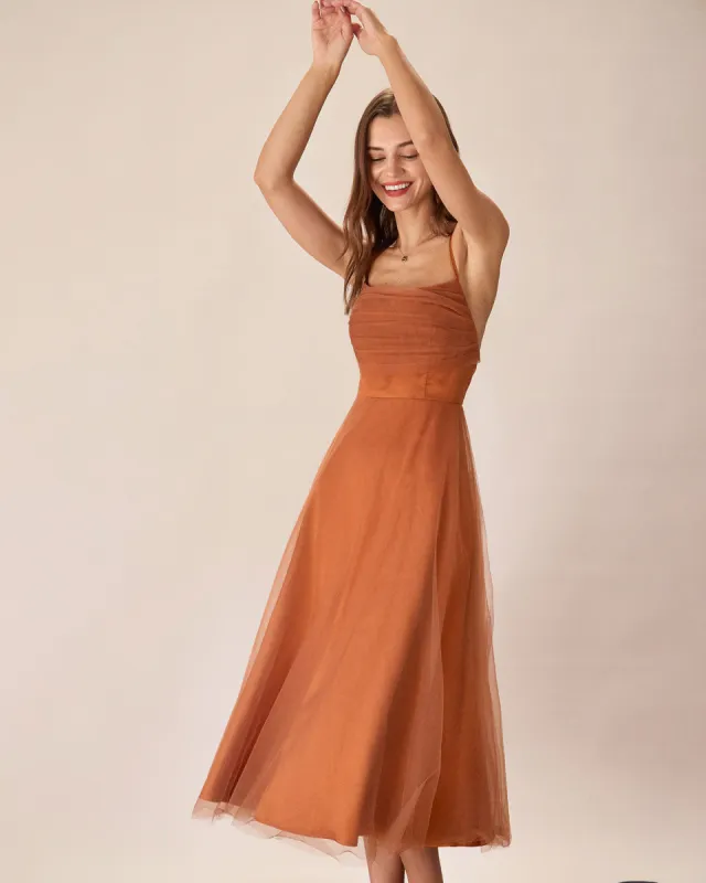 Caramel Mesh Flowy Slip Midi Dress sold by rihoas