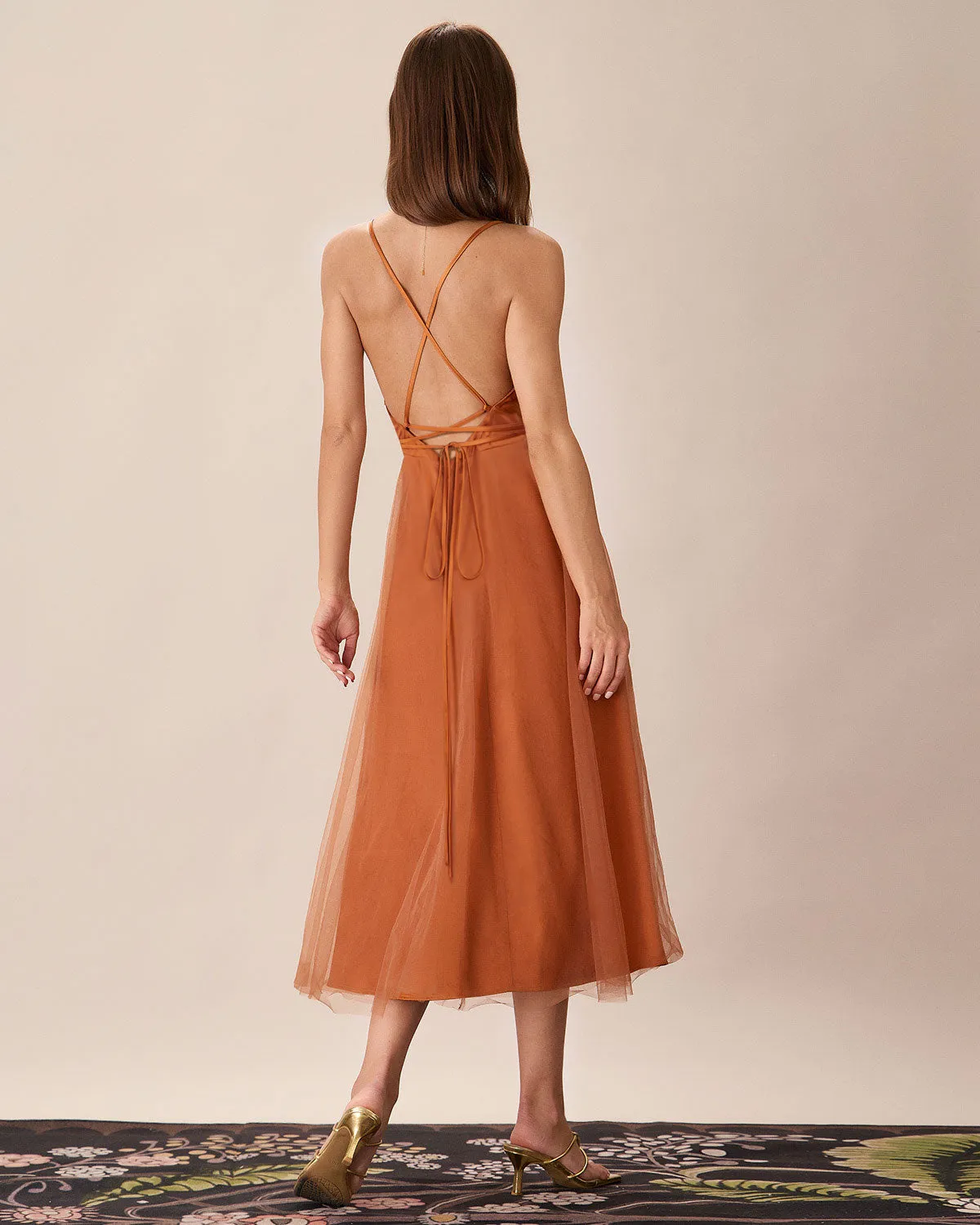 Caramel Mesh Flowy Slip Midi Dress | Parallel