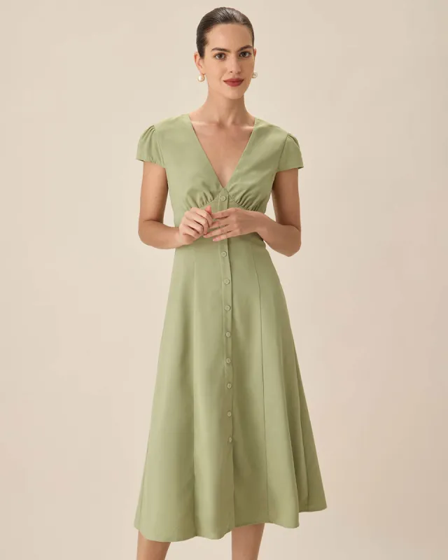 Green V-Neck Button Midi Dress sold by rihoas