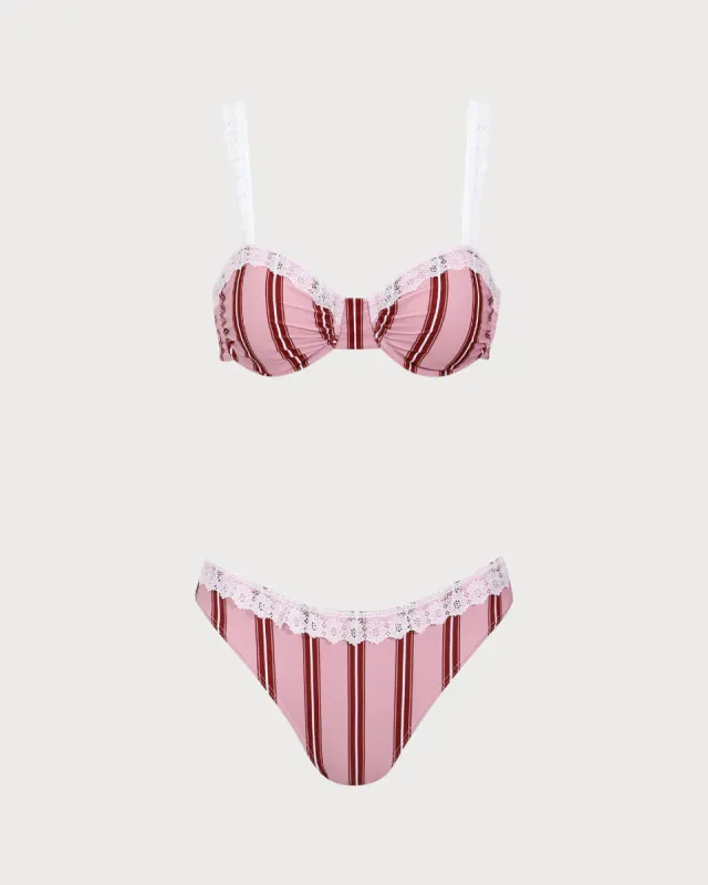 Pink Striped Underwired Lace Bikini Set sold by rihoas
