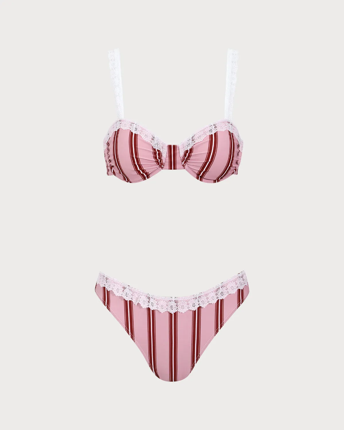 Pink Striped Underwired Lace Bikini Set sold by rihoas