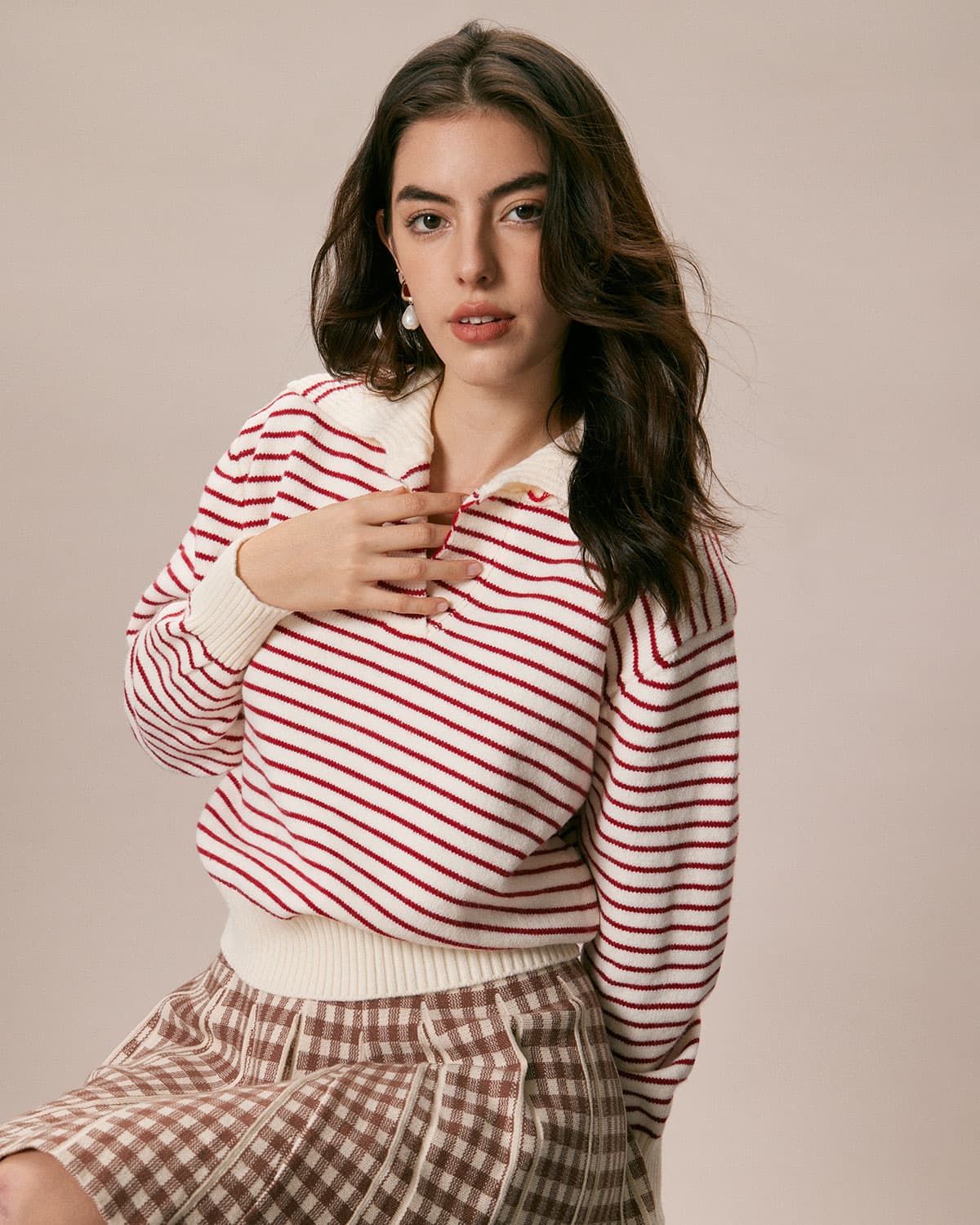 The Red Lapel Striped Long Sleeve Sweater sold by rihoas product image thumbnail 5