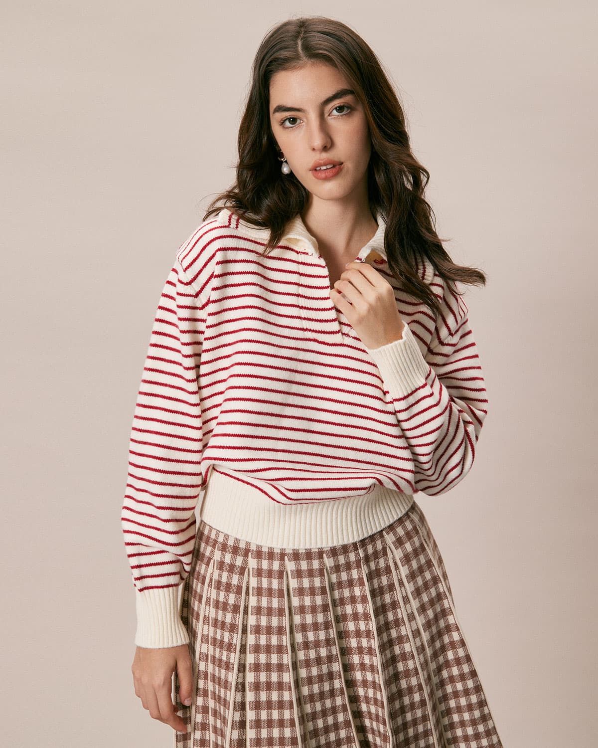 The Red Lapel Striped Long Sleeve Sweater sold by rihoas